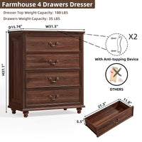 Rustic brown 4-drawer farmhouse dresser with metal pulls and turned wooden feet