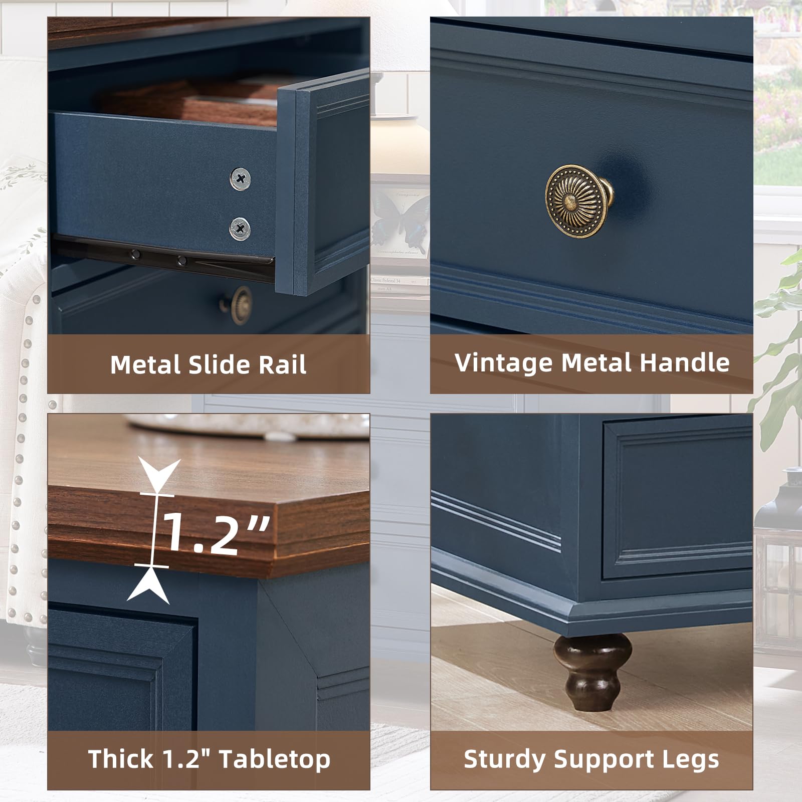 Blue 4-drawer dresser drawer with vintage metal handle and metal slide rails