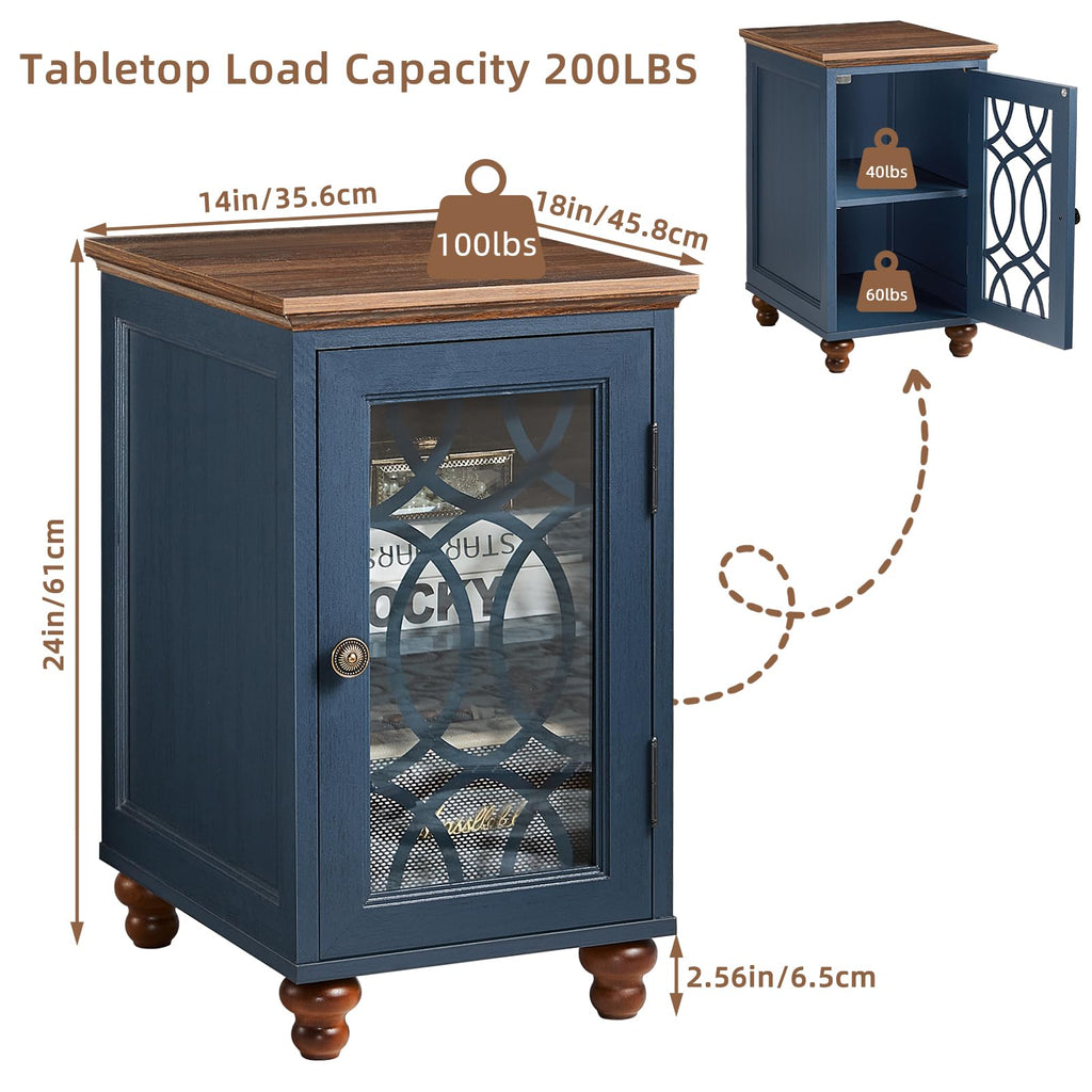 Navy blue narrow bedside table with glass door and adjustable shelf inside