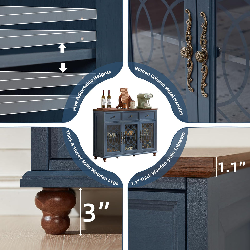 Blue sideboard cabinet side view with glass door panel and turned wooden legs
