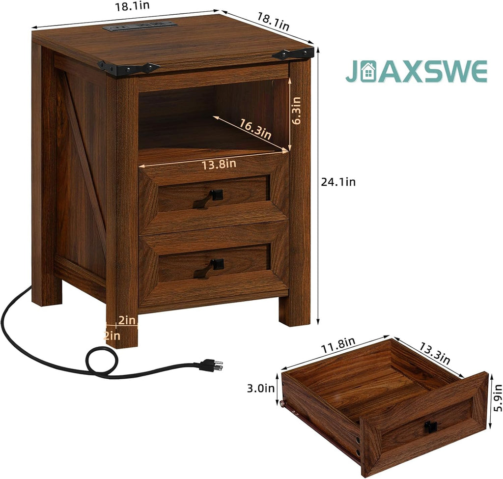 Brown nightstand dimensions view with two drawers and open shelf, side profile