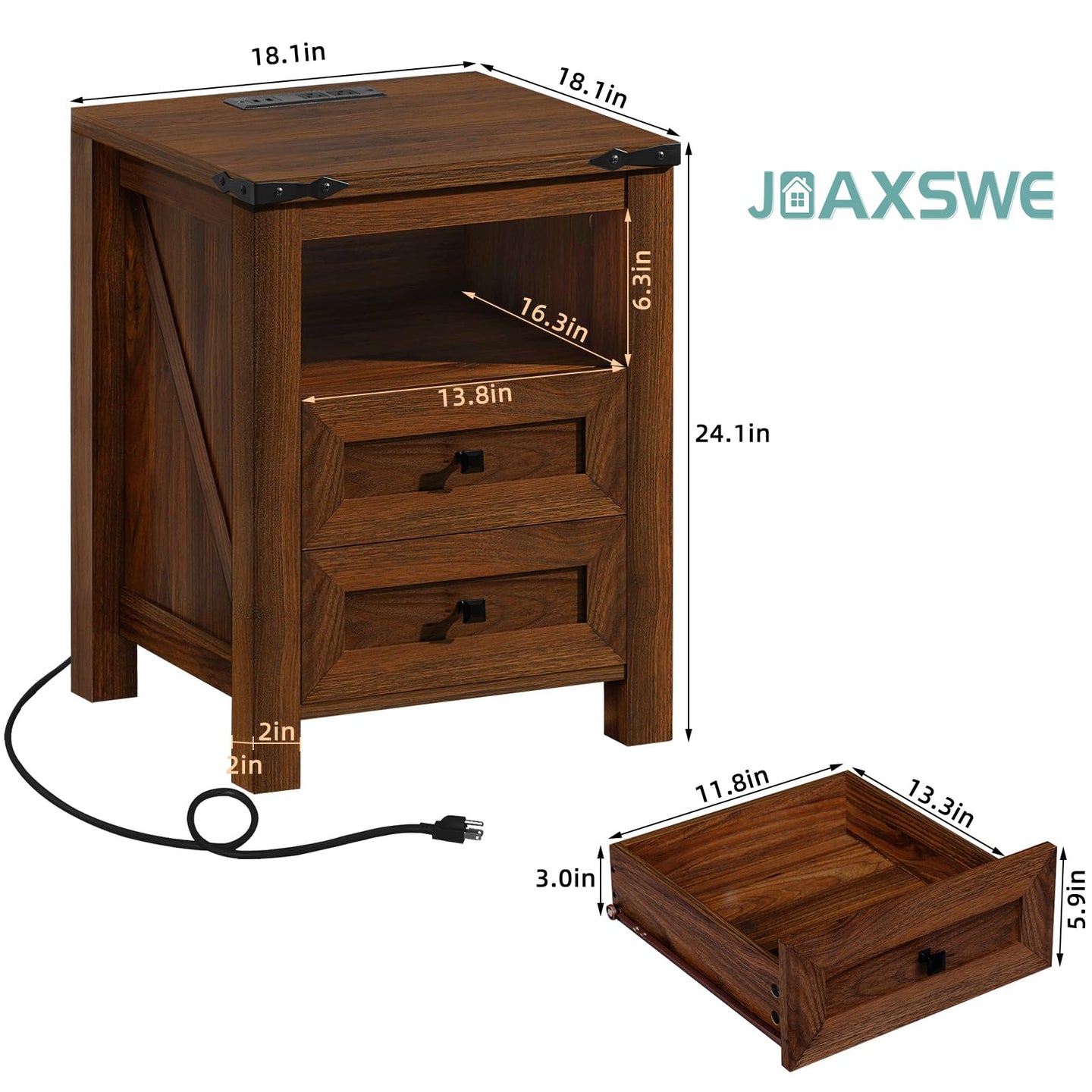 Brown wooden nightstand with 2 drawers and open shelf, side view with charging cord connection.