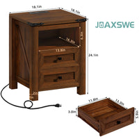 Wood nightstand with charging cable, two drawers, and open shelf; dimensions shown on diagram.