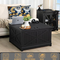Black farmhouse coffee table with hidden storage and flip-top lid, square tabletop