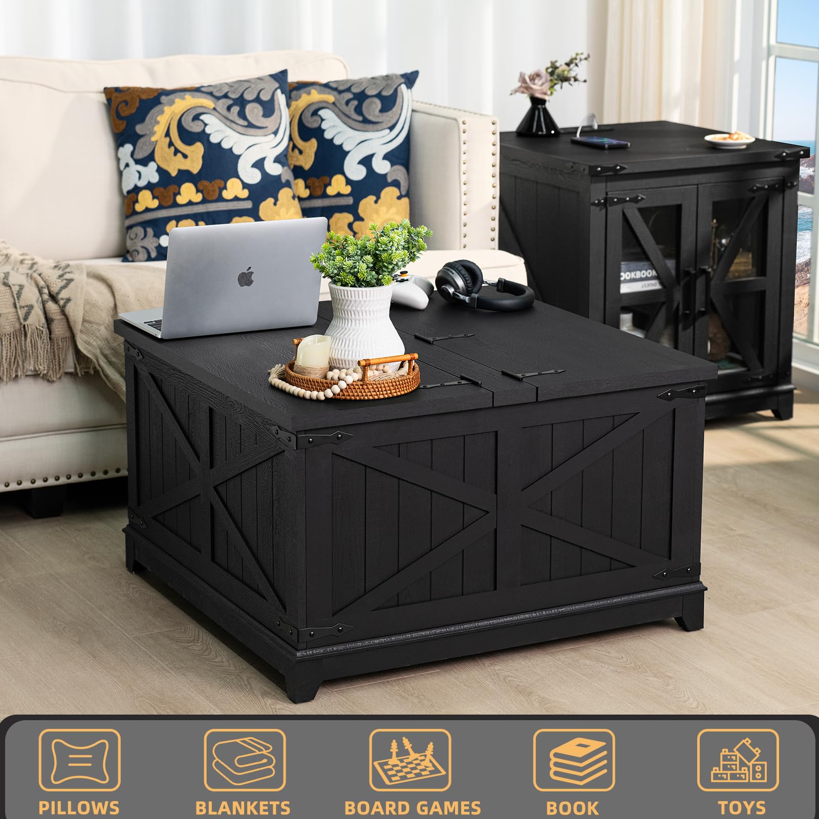 Black farmhouse coffee table with lift-top and hidden storage, styled with electronics