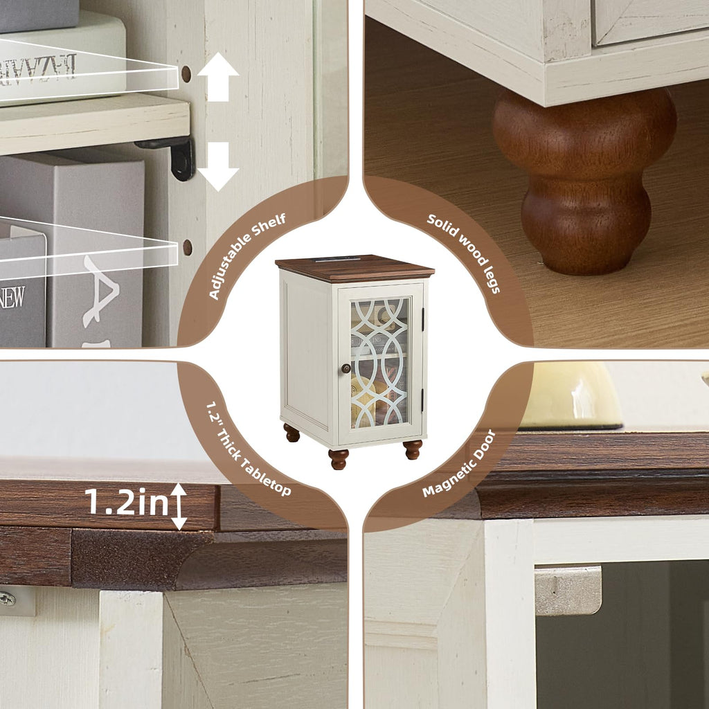 Wood bedside cabinet with arched glass door; adjustable internal shelf, front storage view