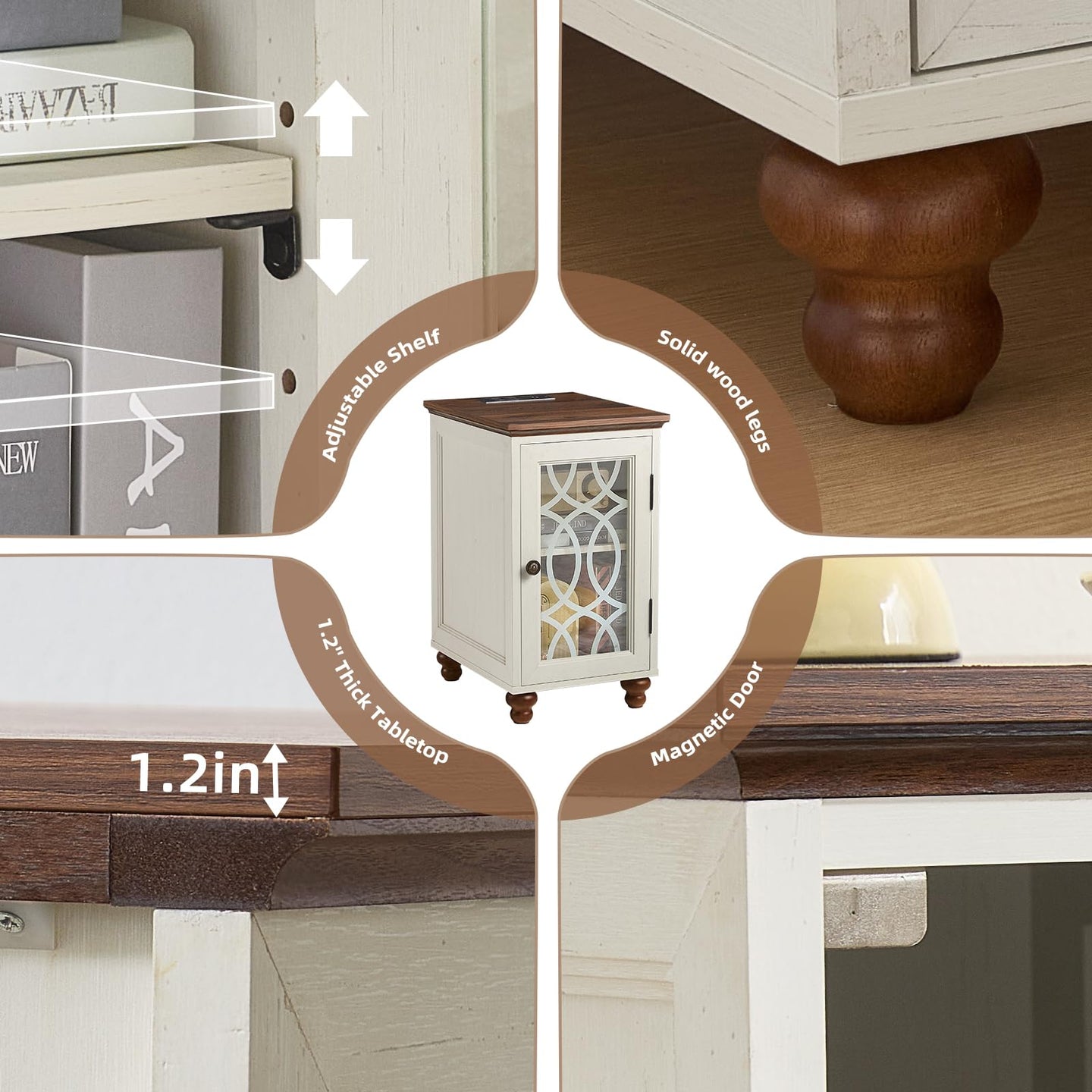 Wood bedside cabinet with arched glass door; adjustable internal shelf, front storage view