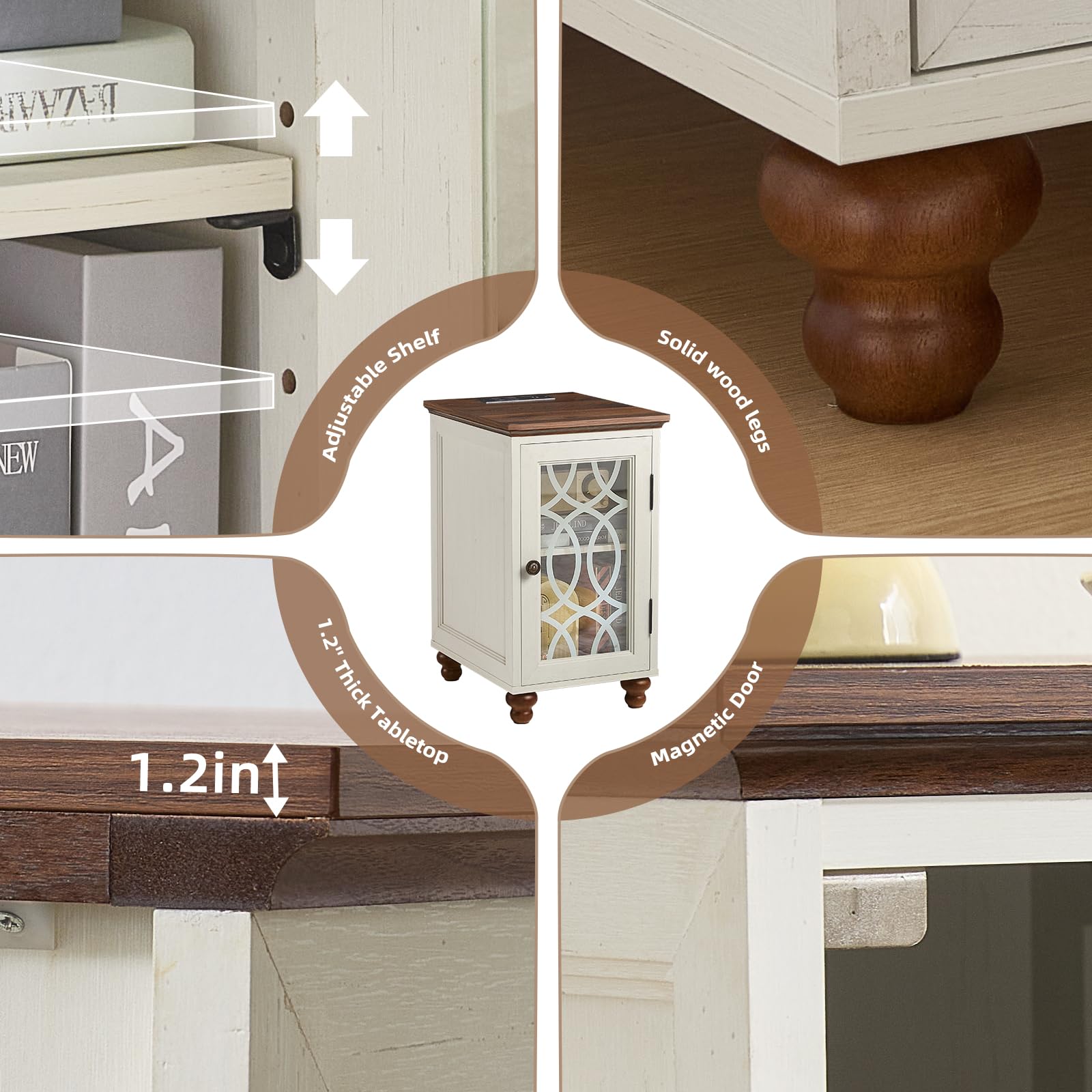 Wood bedside cabinet with arched glass door; adjustable internal shelf, front storage view