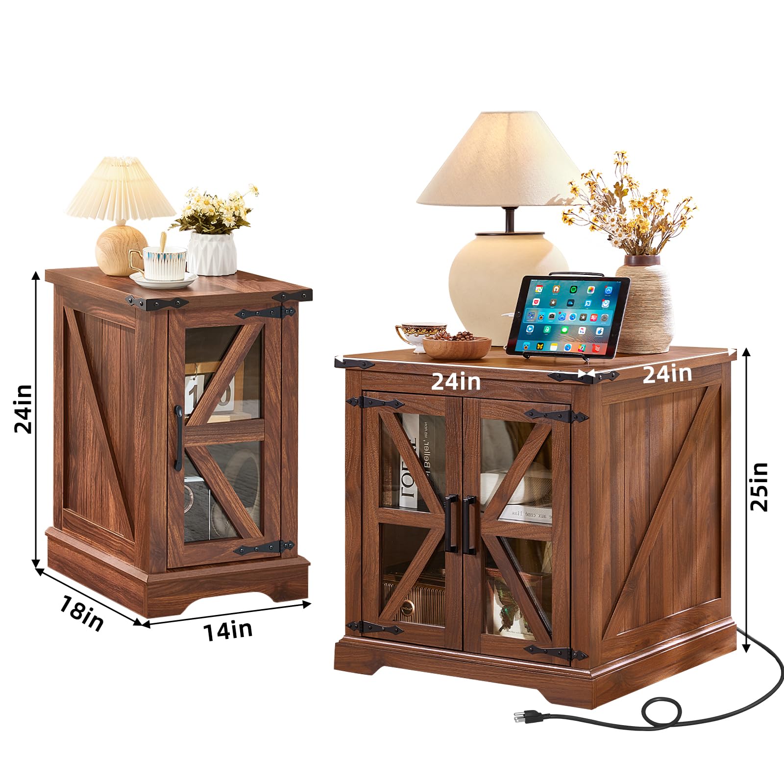 Walnut brown end table with lift-top design, charging cable, and two-door cabinet