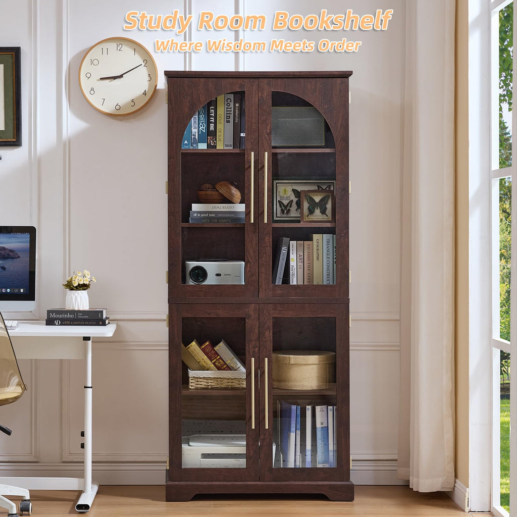 Tall display cabinet in dark brown with 4 curved glass doors and interior book storage