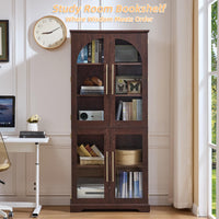 Tall display cabinet in dark brown with 4 curved glass doors and interior book storage