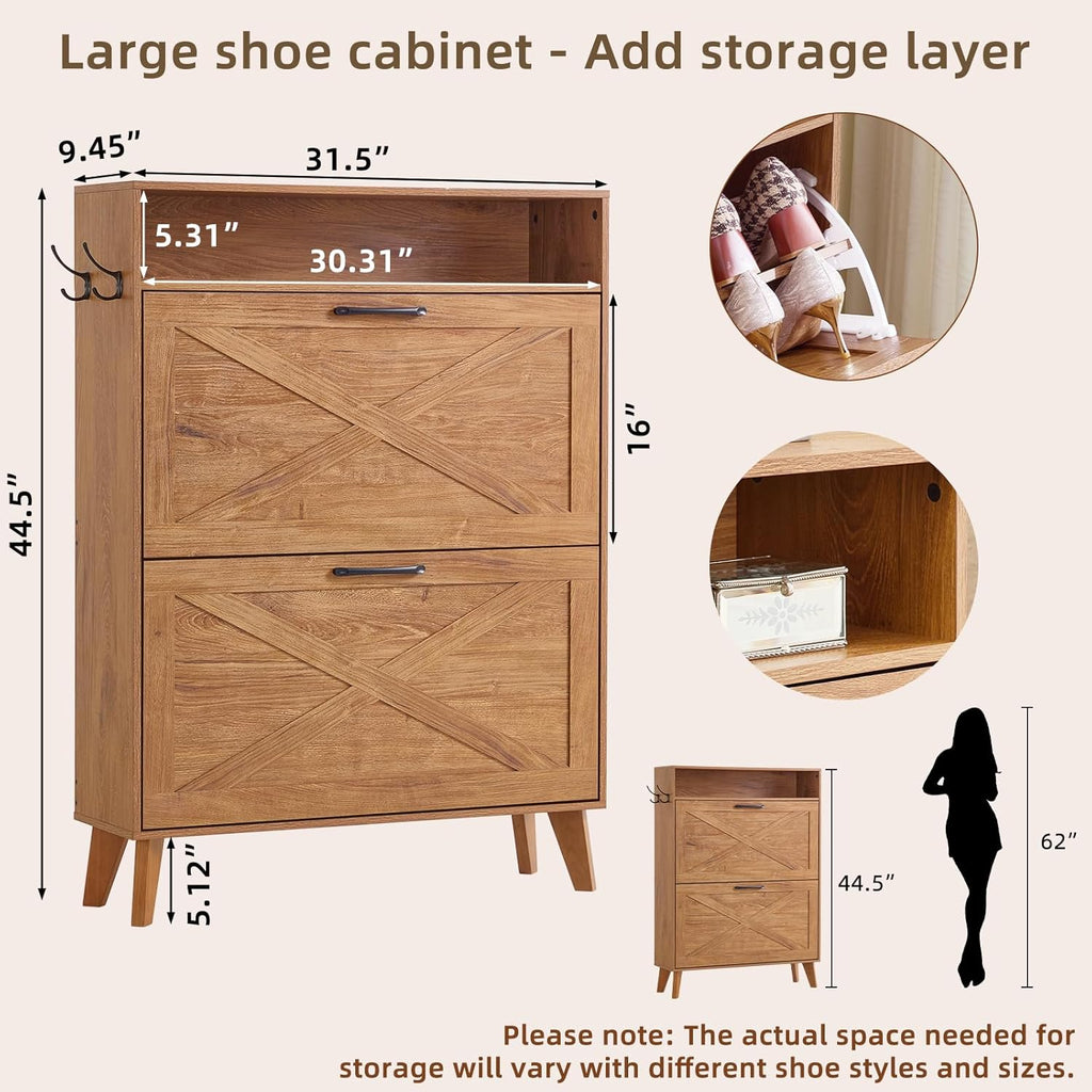 Light brown shoe storage cabinet with two flip drawers and open shoe rack