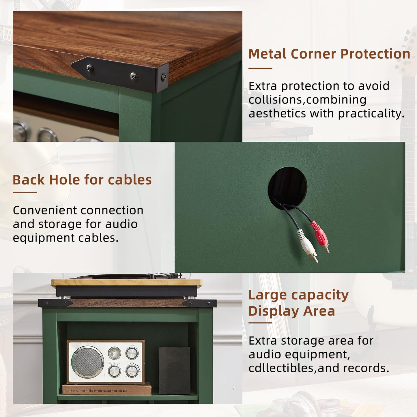 Record player stand with green cabinet and wood top; corner detail, cable pass-through, open storage