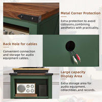 Record player stand with green cabinet and wood top; corner detail, cable pass-through, open storage