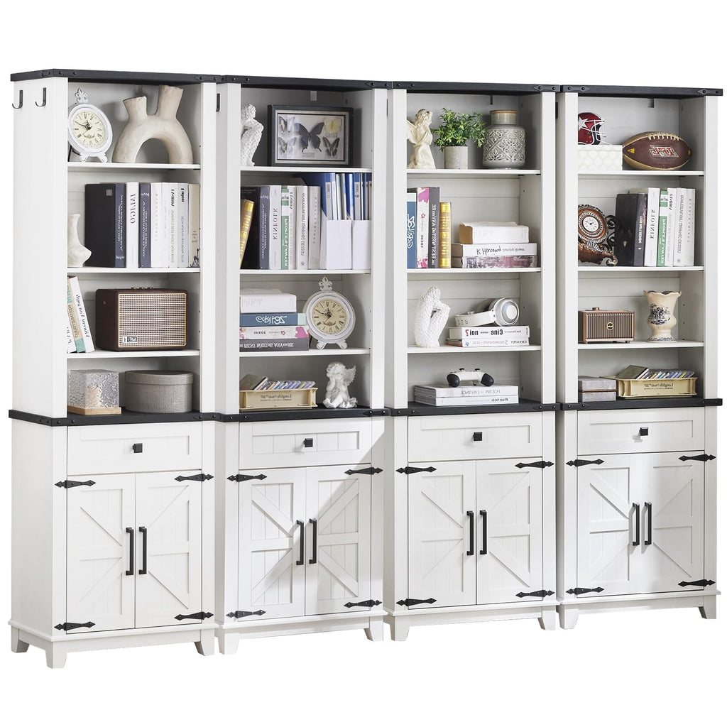 White farmhouse bookcase with open shelves, lower drawers, and cabinet barn-style doors