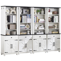 White bookcase cabinet with open shelves, drawers, and barn-style doors