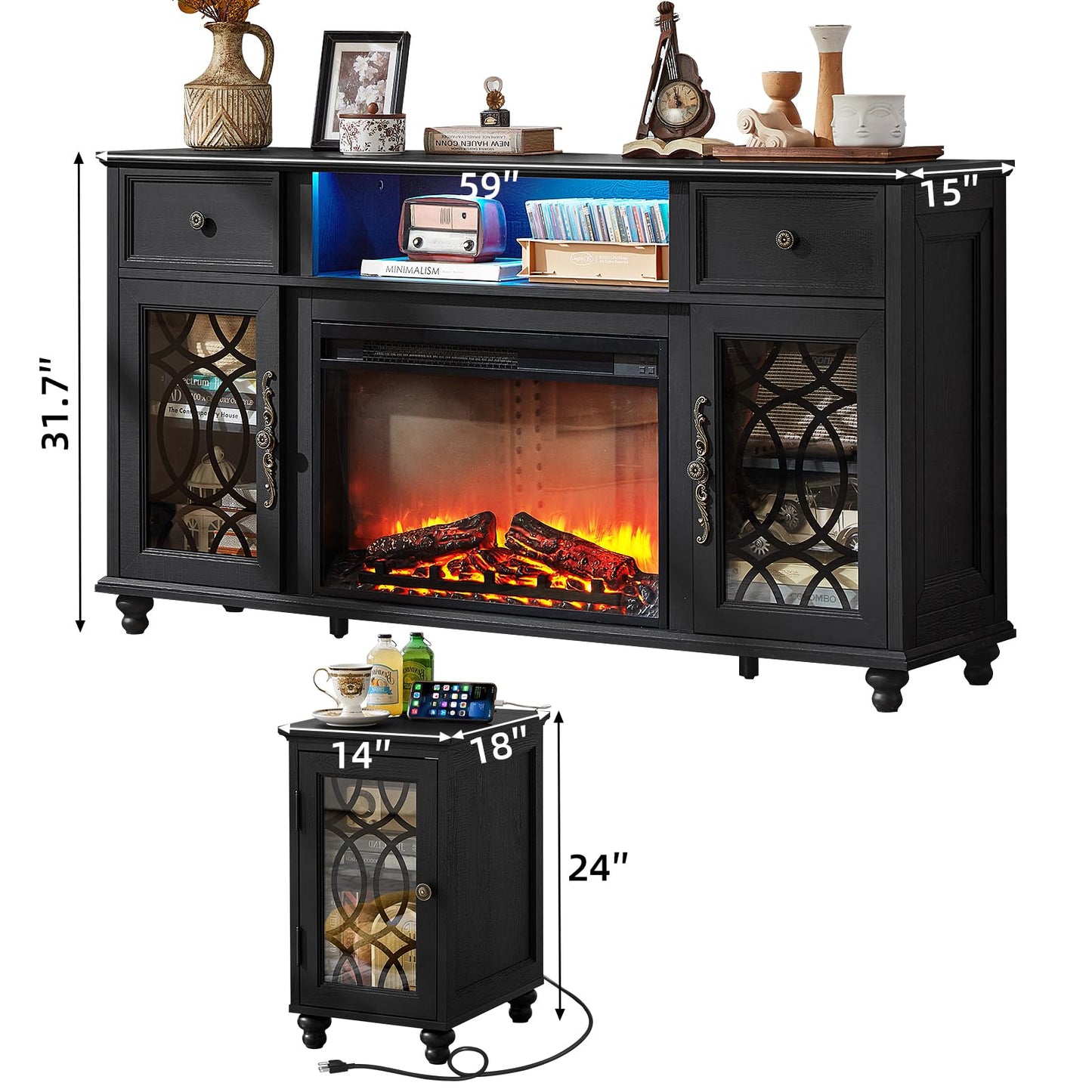 Joaxswe Farmhouse Fireplace TV Stand Sets 3,Side Table with Charger Station | 59" Fire Place TV Stands for Living Room, Entertainment Center Heater for TVs up to 65" with Open Shelves and Drawers, Blue