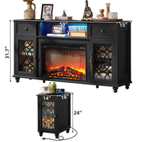 Joaxswe Farmhouse Fireplace TV Stand Sets 3,Side Table with Charger Station | 59" Fire Place TV Stands for Living Room, Entertainment Center Heater for TVs up to 65" with Open Shelves and Drawers, Blue