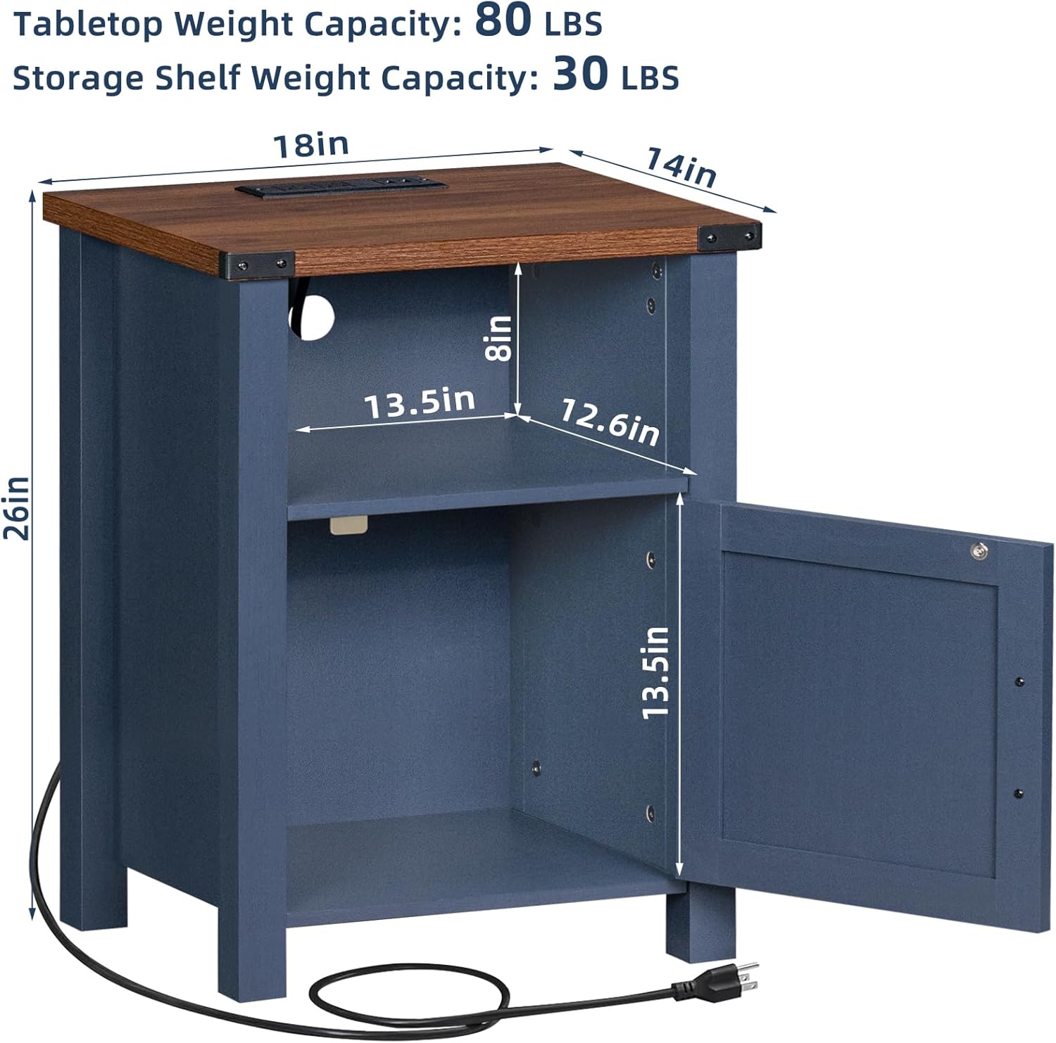 Blue nightstand with wood top, open storage compartment, side cabinet door