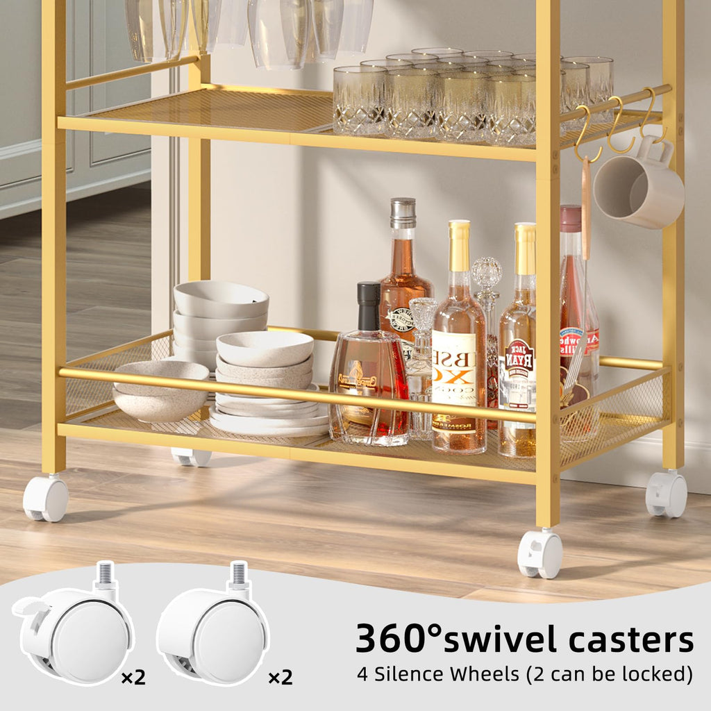Gold bar cart detail with wine rack, glass holders, and 360 swivel caster wheels