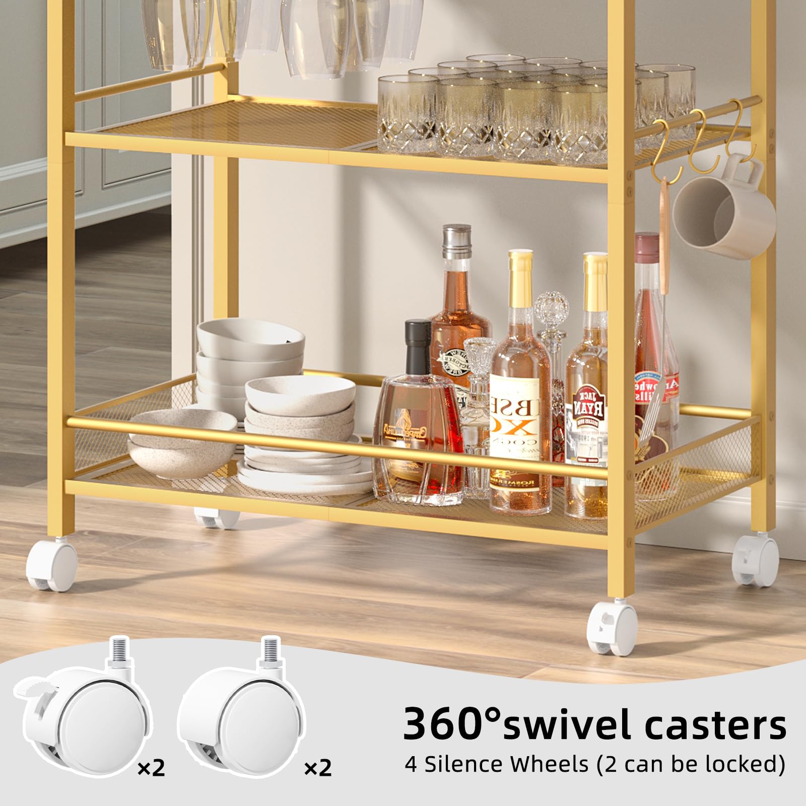 Gold bar cart detail with wine rack, glass holders, and 360 swivel caster wheels