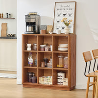 Natural oak cube storage bookcase with open cubbies for kitchen jars