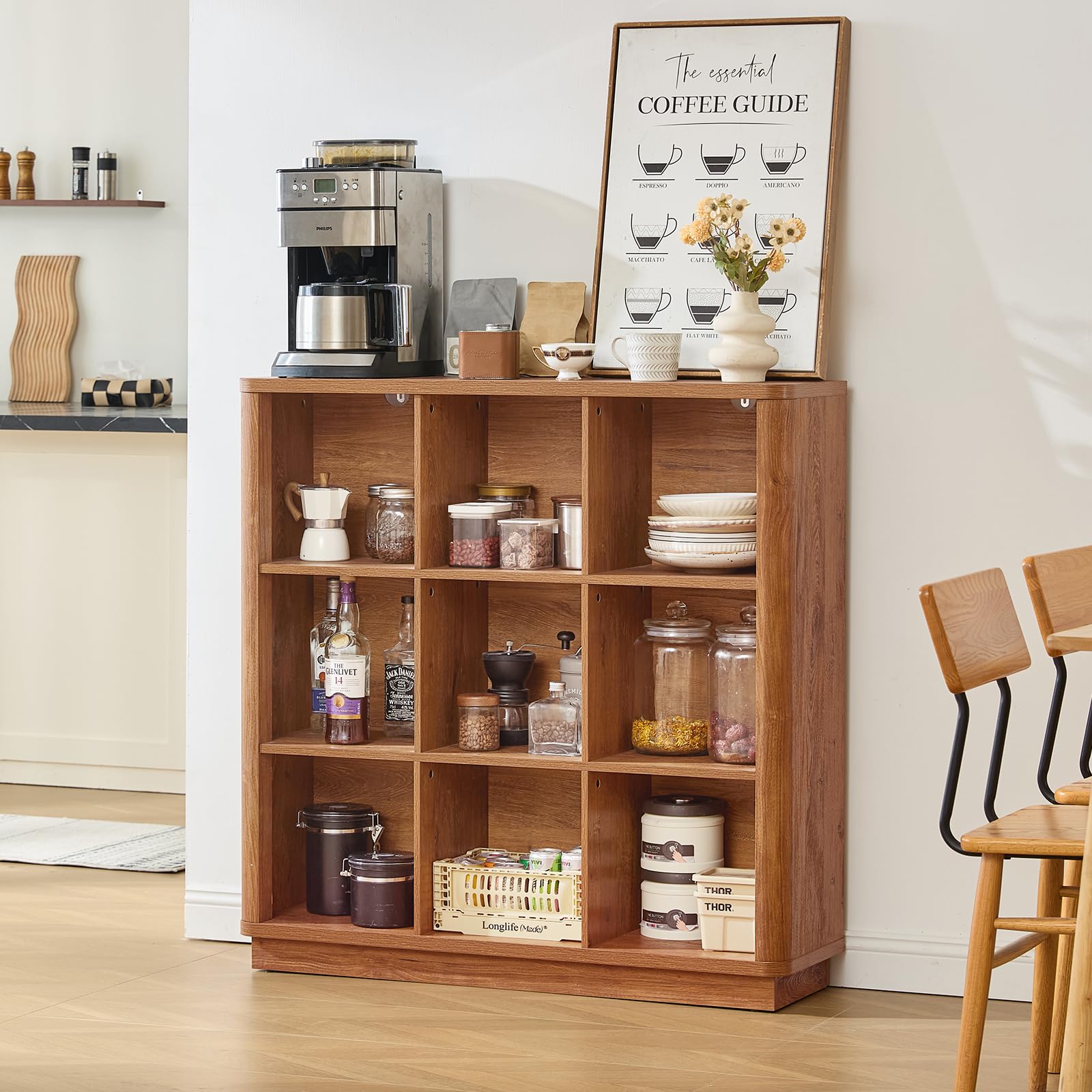 Natural oak cube storage bookcase with open cubbies for kitchen jars