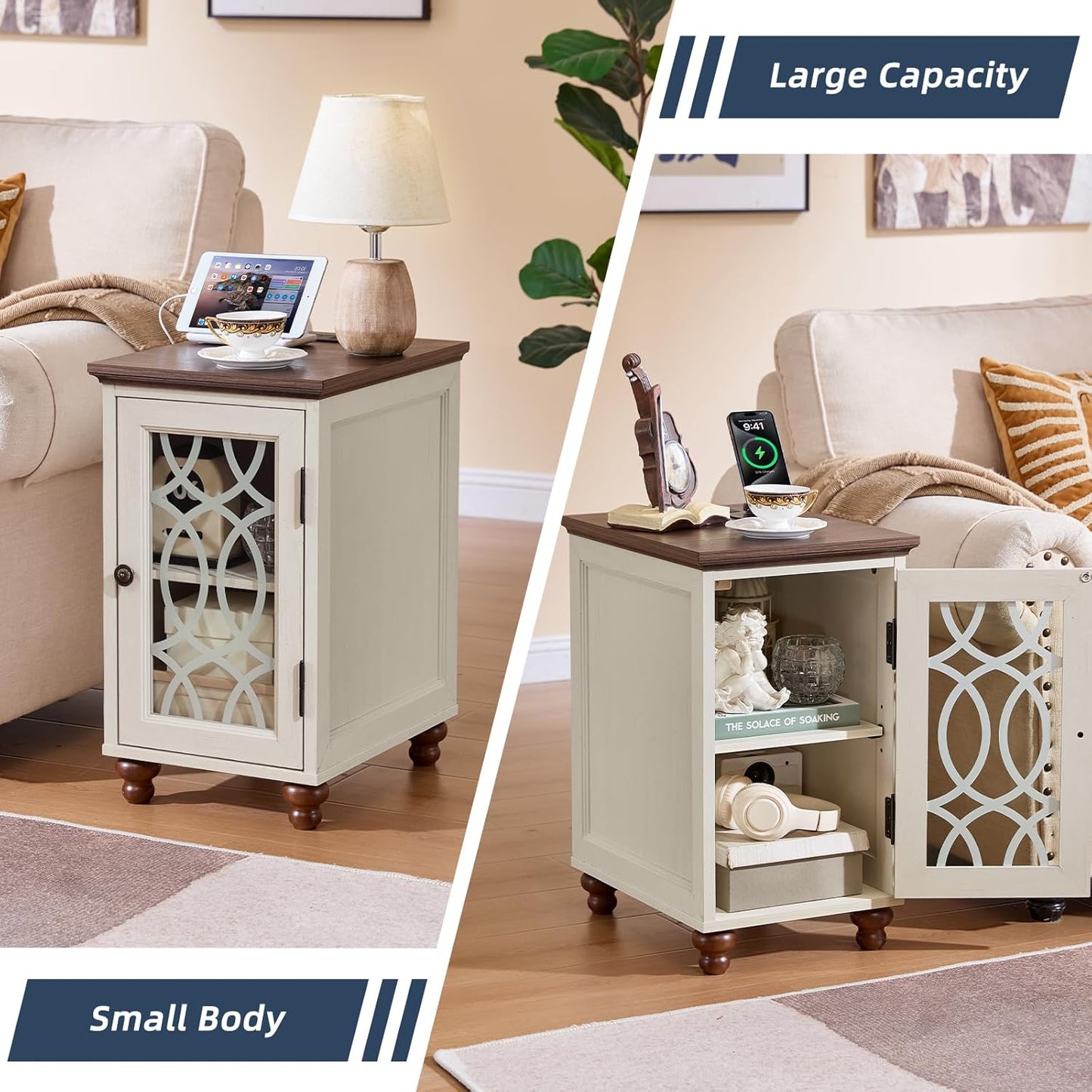 Narrow Side Table with Charging Station, Night Stand with Glass Door, Bedside End Tables with Adjustable Shelf Storage Cabinet,Wood Nightstand for Small Spaces Living Room Bedroom