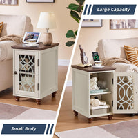 Narrow Side Table with Charging Station, Night Stand with Glass Door, Bedside End Tables with Adjustable Shelf Storage Cabinet,Wood Nightstand for Small Spaces Living Room Bedroom
