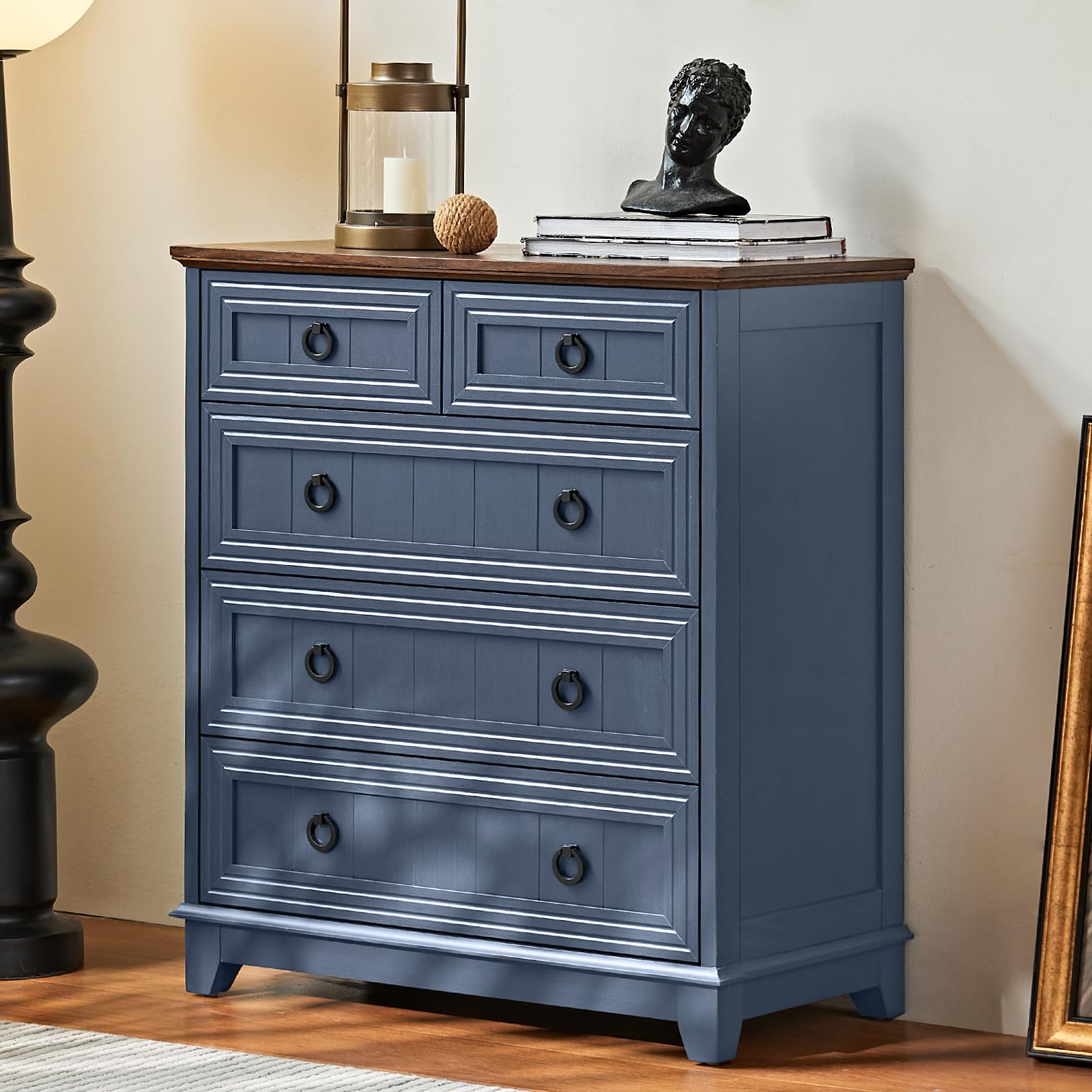 18" Farmhouse Night Stand with Charging Station, 2 Drawers End Table Dresser for Bedroom, Blue Wooden Nightstand, Bed Side Table with Open Shelf, Bedside Cabinet for Living Room, Closet