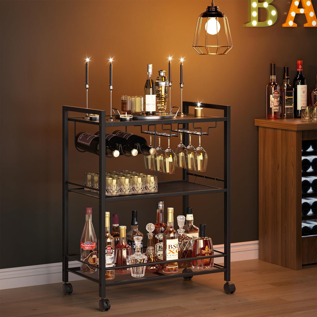 Black bar cart with wine rack, glass holders, and bottles on three metal shelves