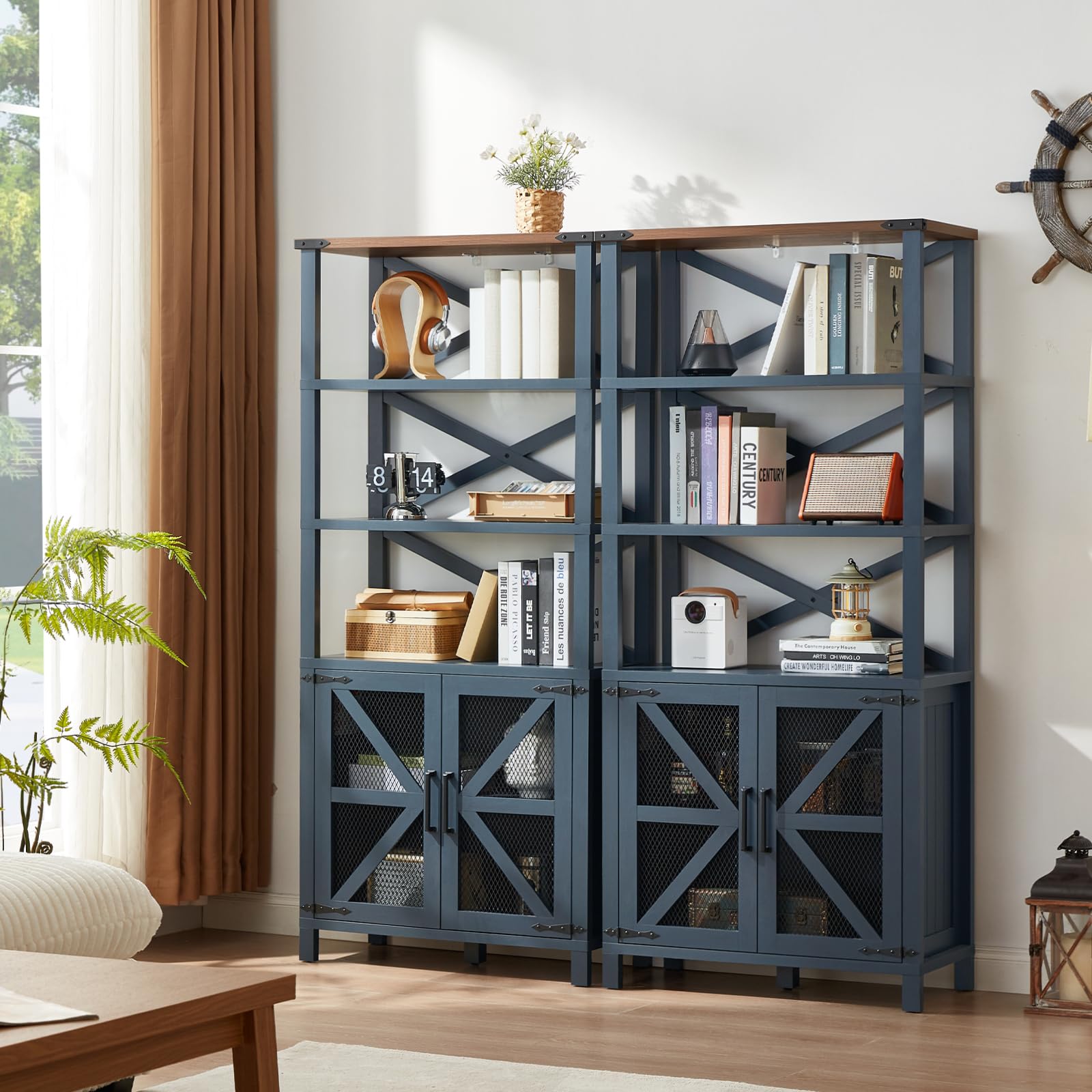 Blue wood bookcase with open shelves and two lower cabinet doors with crisscross mesh