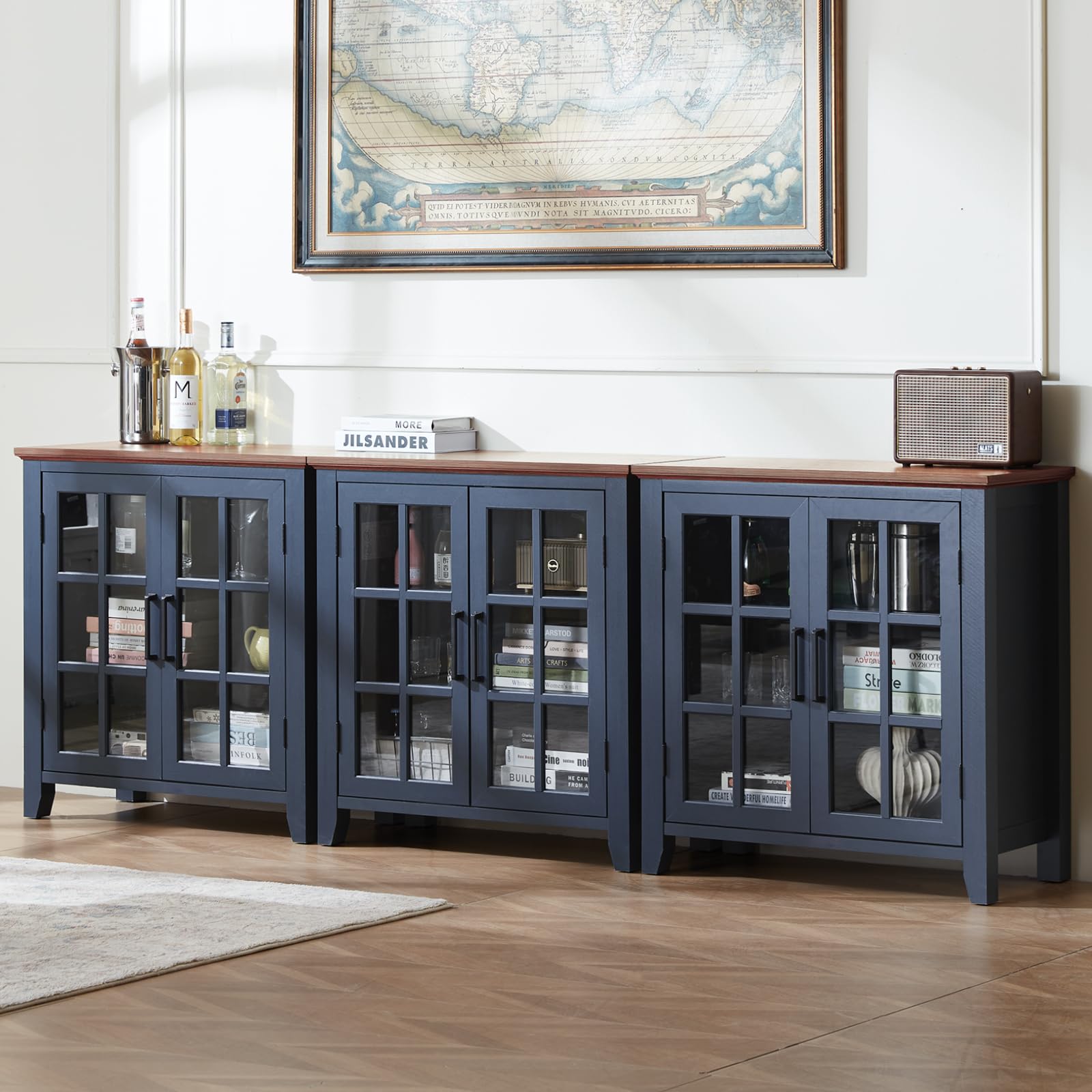 Blue sideboard cabinet with glass doors and countertop display storage compartments.