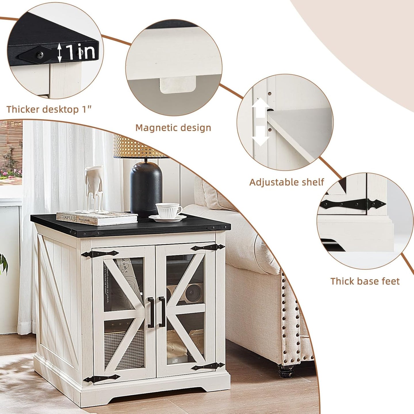 White nightstand with black top, magnetic design, adjustable shelf, and thick base feet.