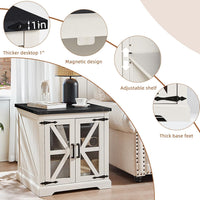 White nightstand with black top, magnetic design, adjustable shelf, and thick base feet.