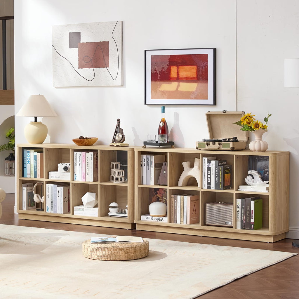 Natural oak 8-cubby bookcase with open compartments and curved profile on the front