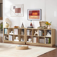 Natural oak 8-cubby bookcase with open compartments and curved profile on the front