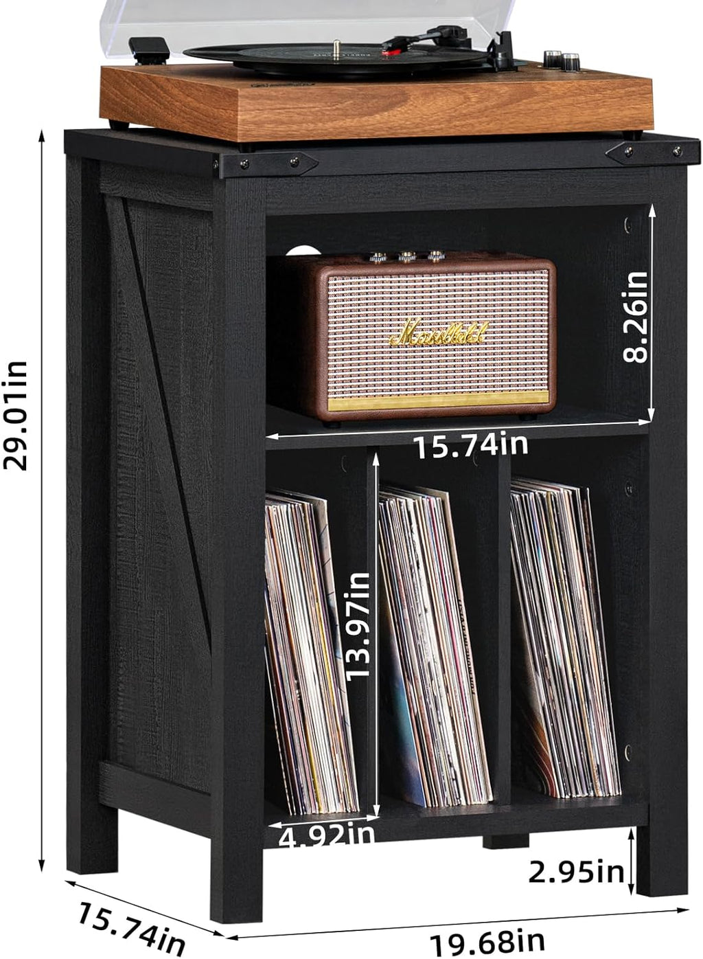 Black record player stand with wooden top and open vinyl record storage shelf