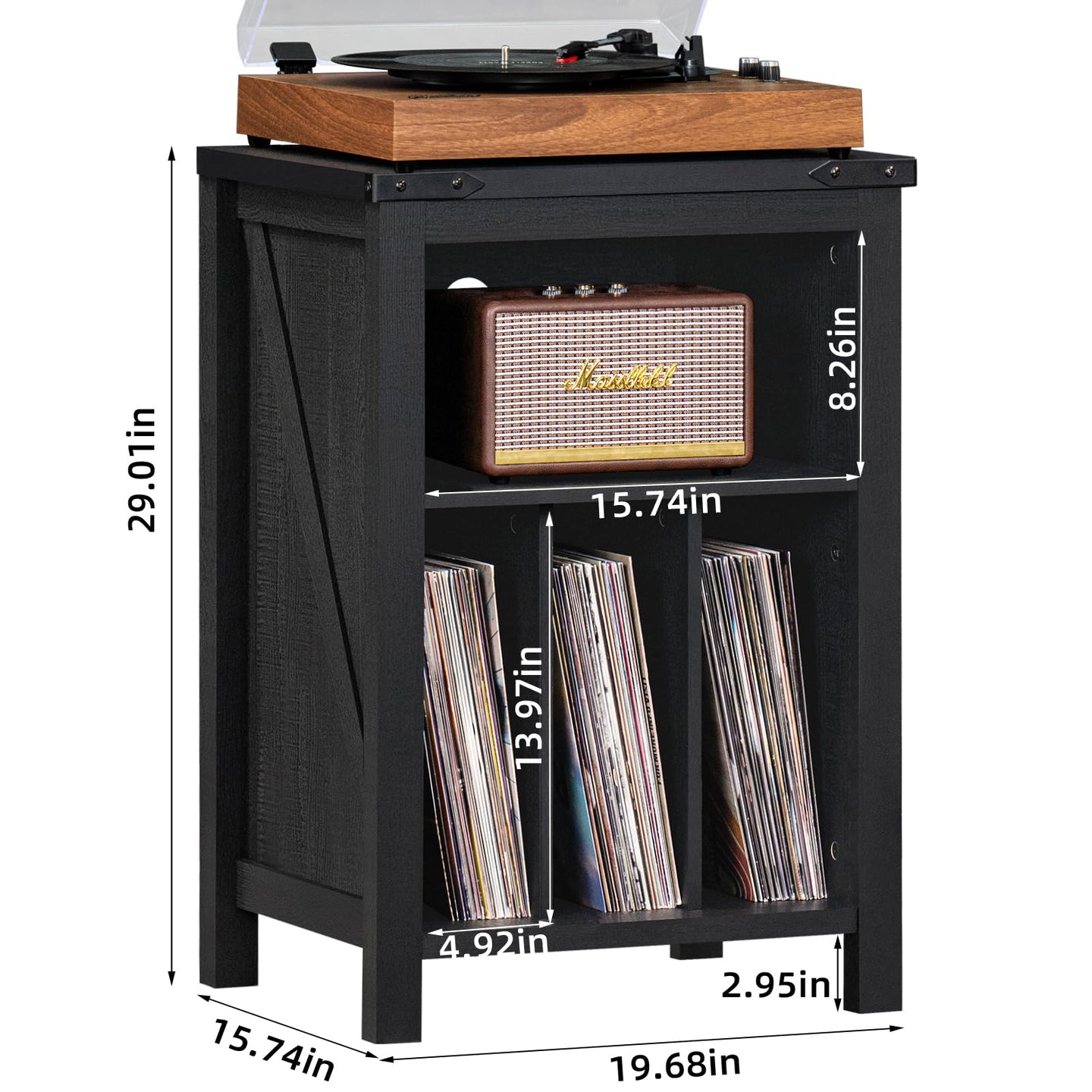 Record player stand with black cabinet and open vinyl storage, shown with dimensions