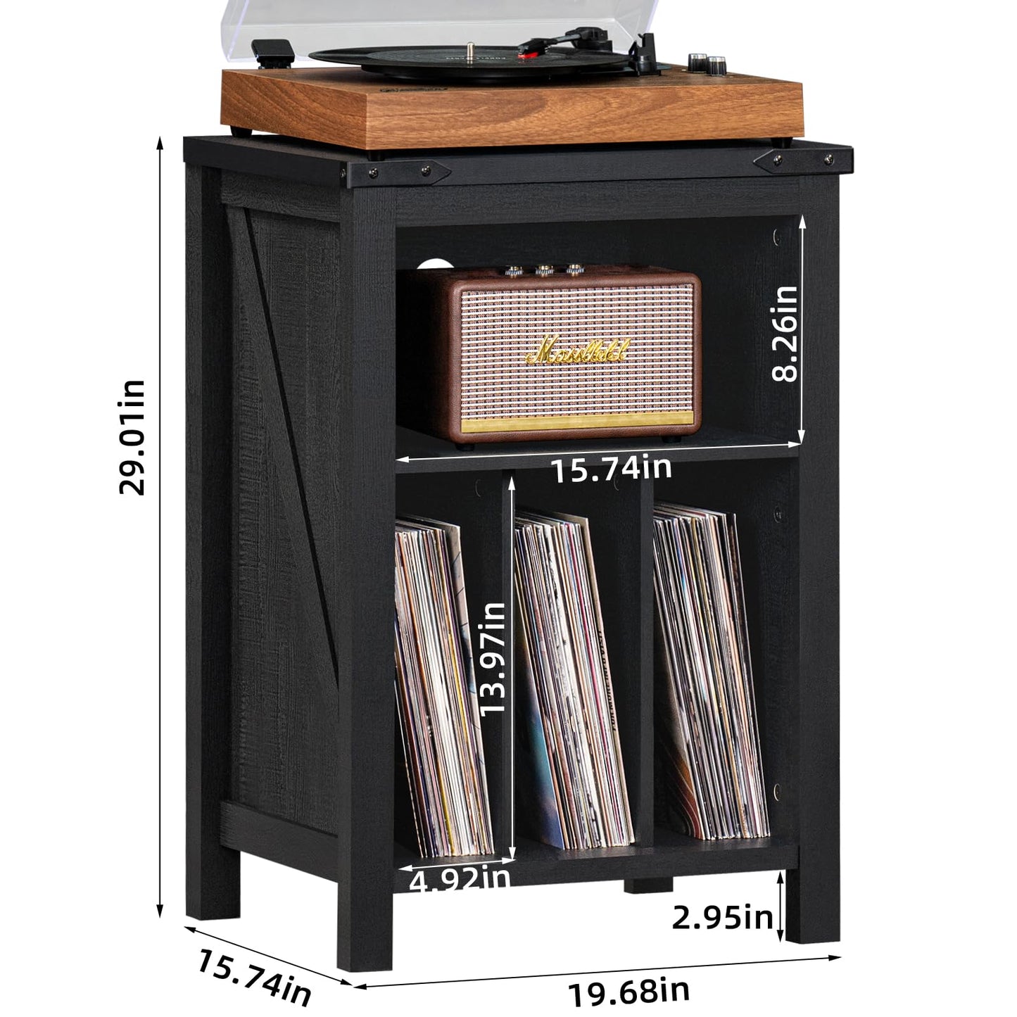 Record player stand with black cabinet and open vinyl storage, shown with dimensions