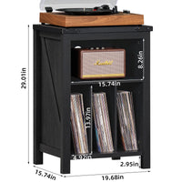 Record player stand with black cabinet and open vinyl storage, shown with dimensions