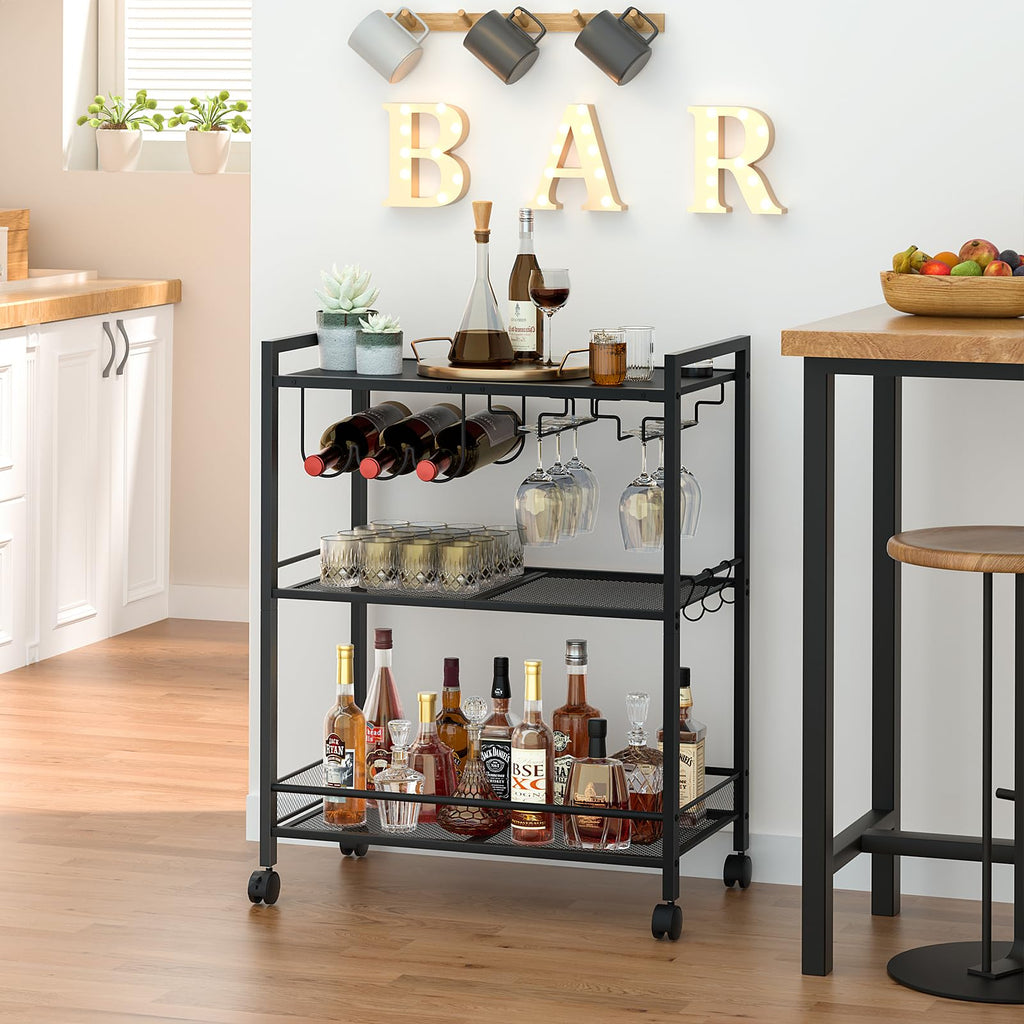 Black bar cart with wine bottle rack, glassware hooks, and three-tier storage