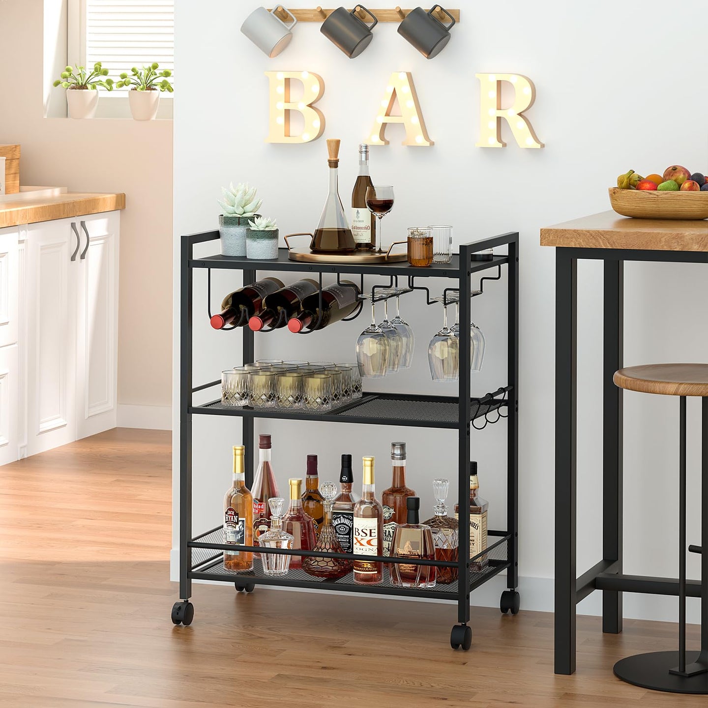Black bar cart with wine bottle rack, glassware hooks, and three-tier storage