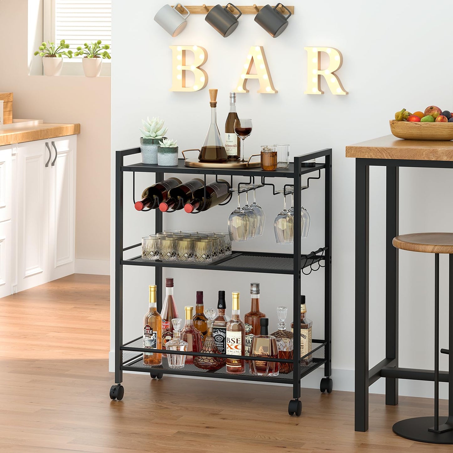 Black bar cart with wine bottle rack, glassware hooks, and three-tier storage