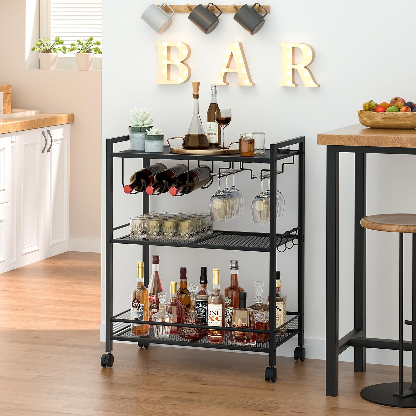 Black bar cart with wine bottle rack, glassware hooks, and three-tier storage
