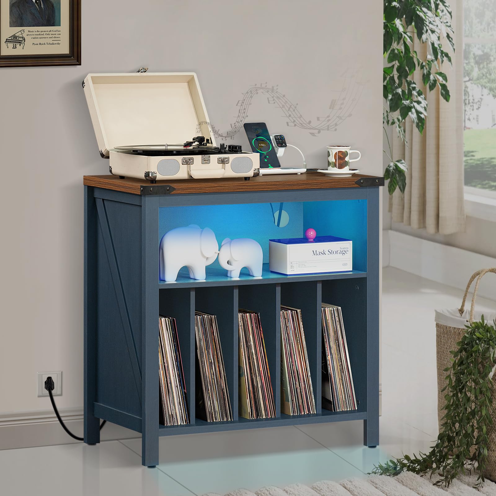 Brown record player stand with open turntable cover and blue LED-lit record storage