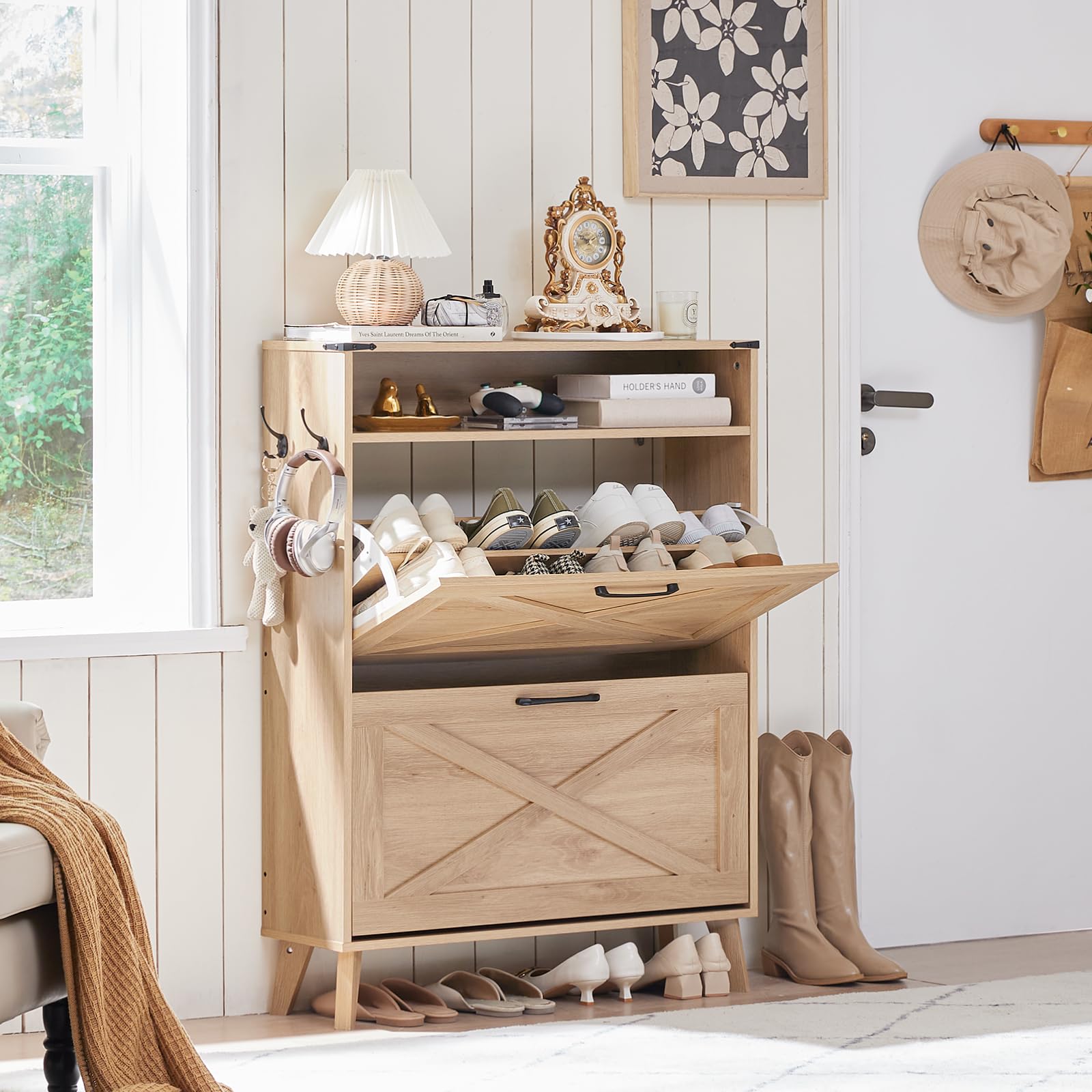 Shoe storage cabinet with flip drawer and open shelves, light natural wood
