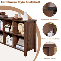 Brown walnut farmhouse bookcase with open shelves, angled posts, and black metal corner brackets