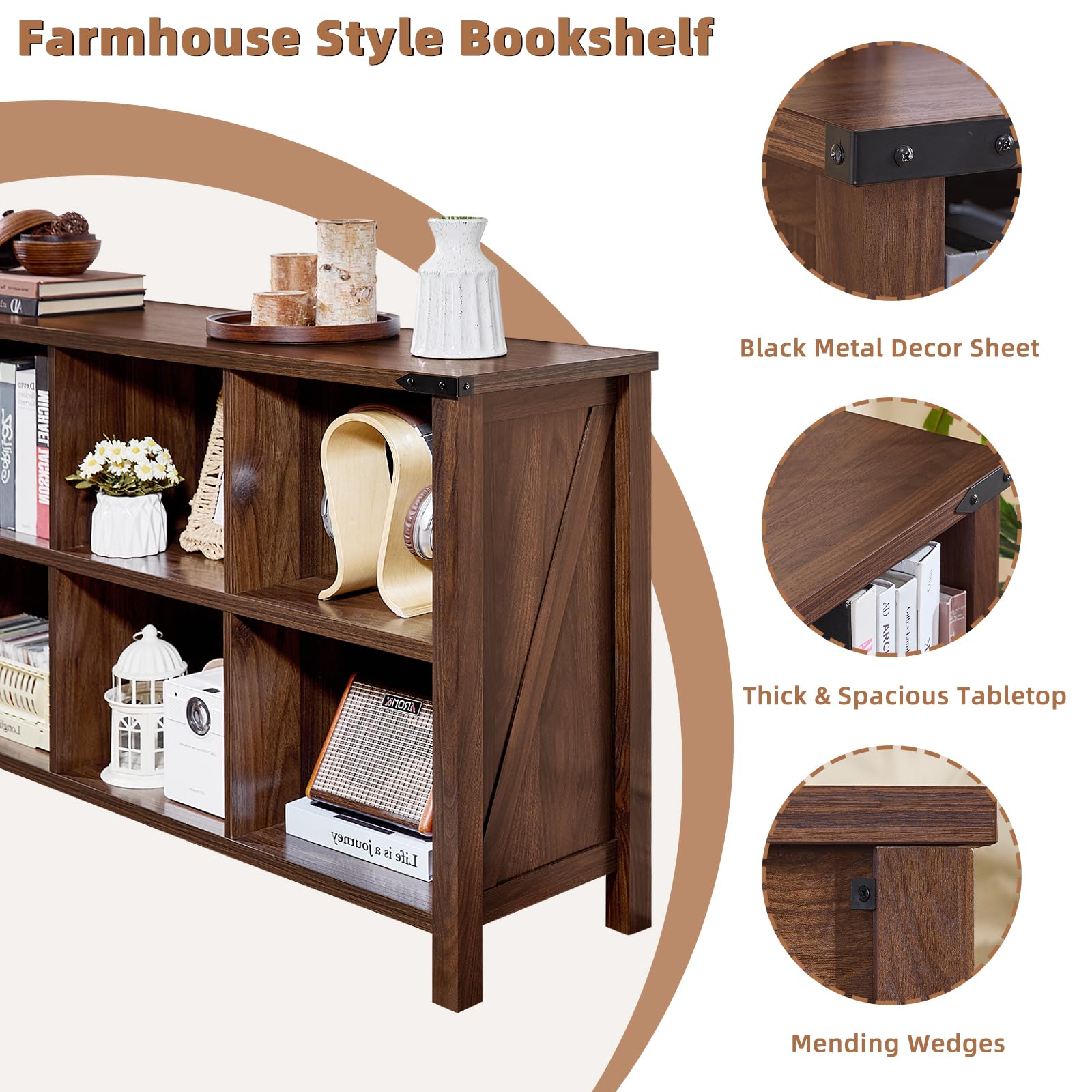 Brown walnut farmhouse bookcase with open shelves, angled posts, and black metal corner brackets
