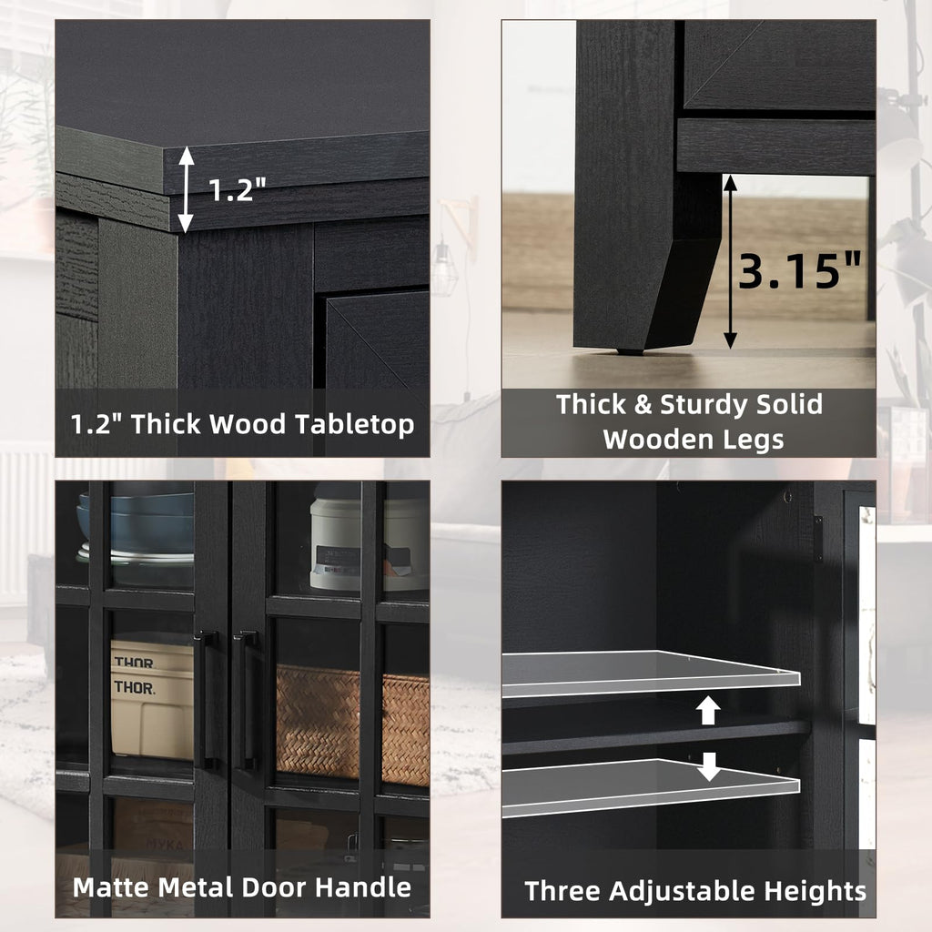 Sideboard cabinet features: thick wood top, wooden legs, metal handles, adjustable shelves